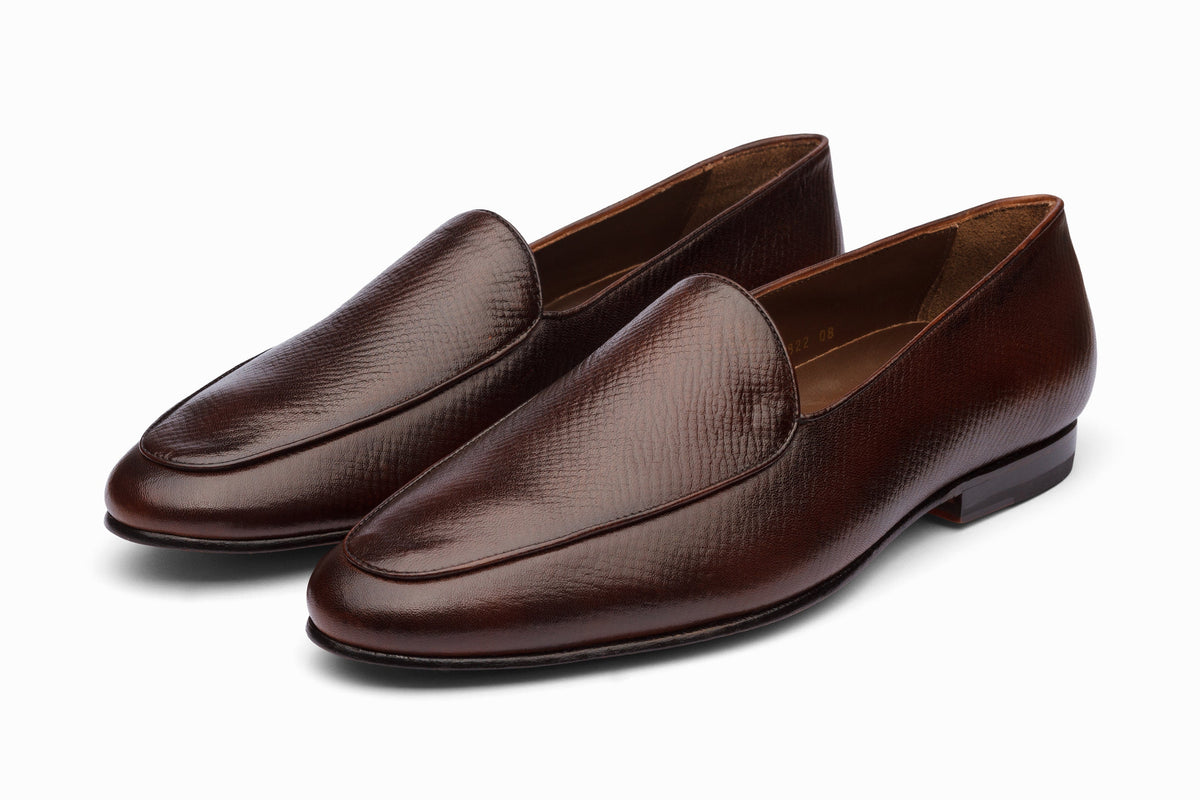 Belgian Loafers Dark Brown Hatch Grain three-quarter front view