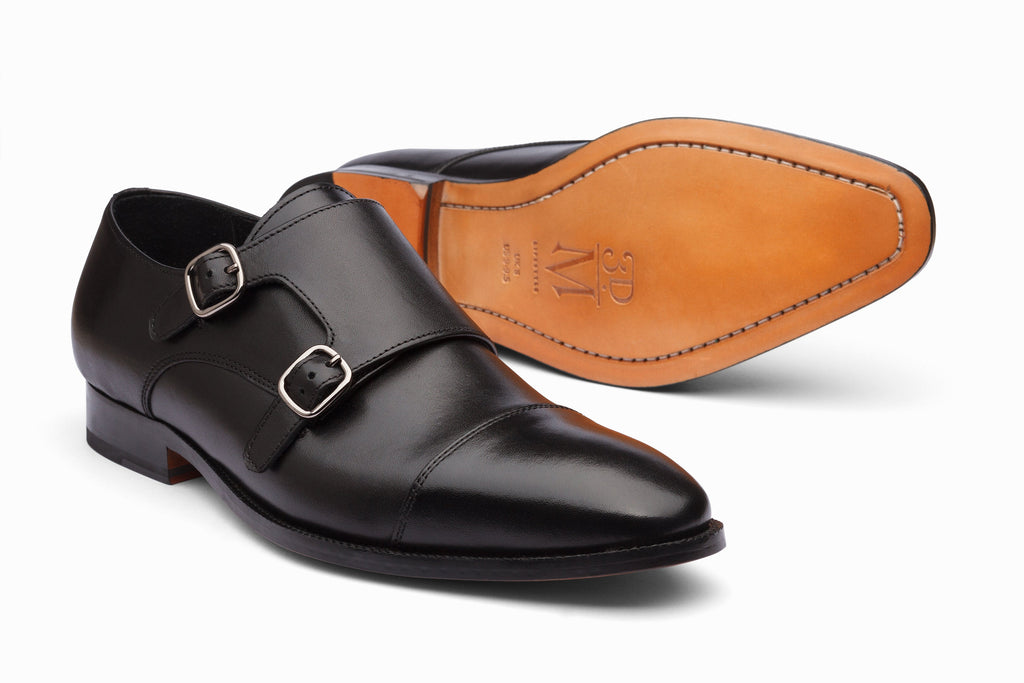 Black toecap double monkstrap sole and leather outsole detail