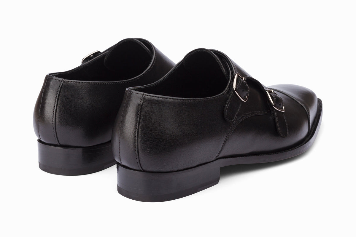 Toecap Double Monks Black on-foot lifestyle shot with suit trousers
