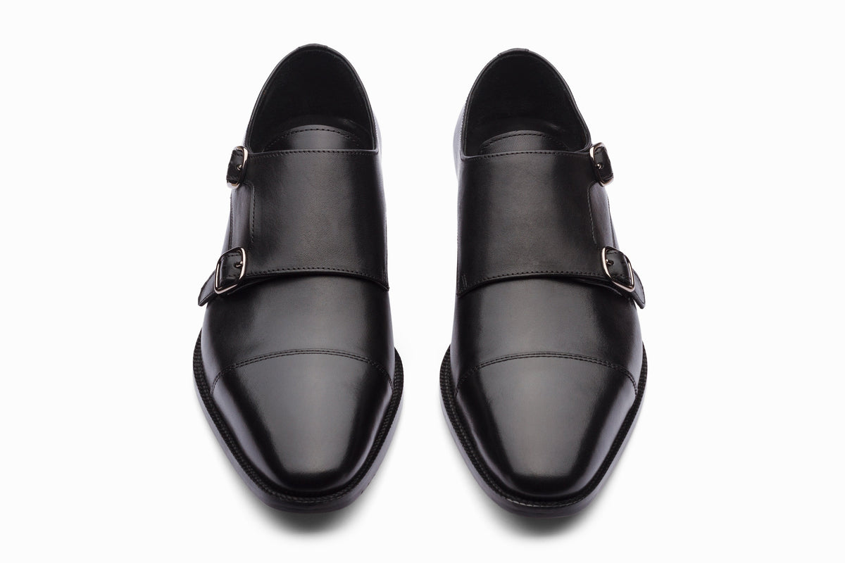 Black toecap double monkstrap on-foot styled view