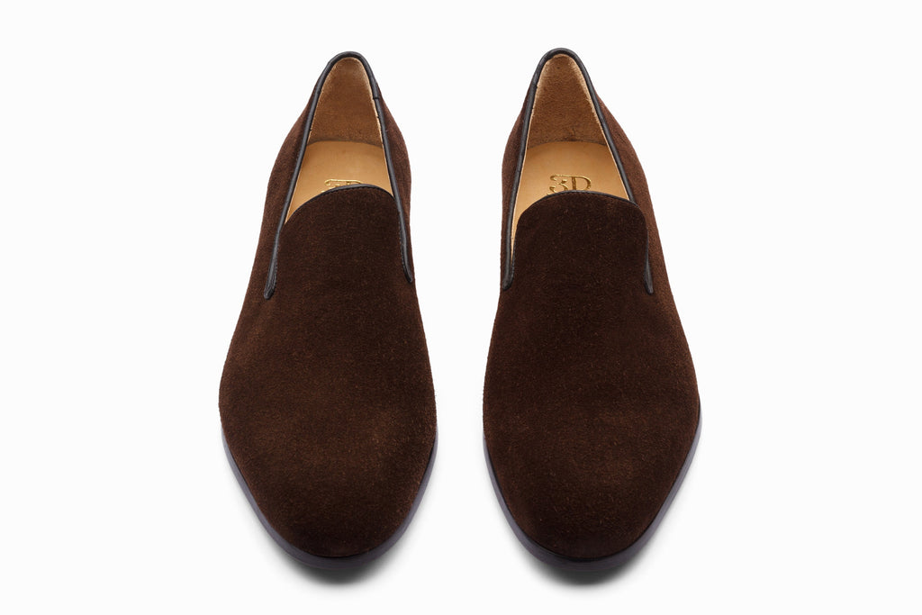 Dark Brown Suede Venetian loafer on-foot walking lifestyle shot