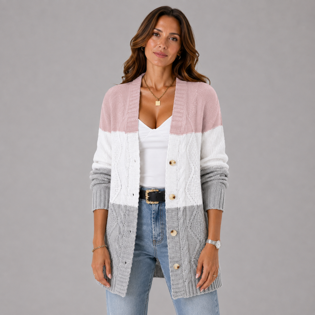 Clara Women's Winter Cable-Knit Longline Cardigan, front view