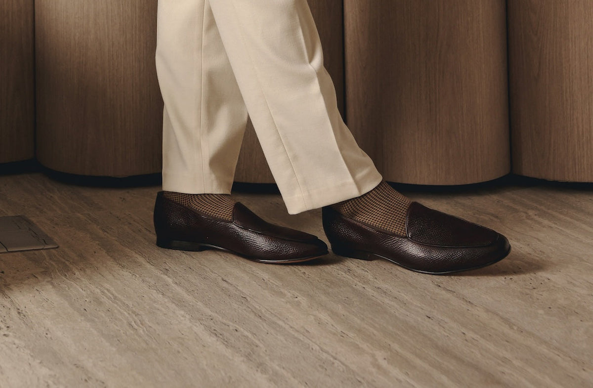 Dark brown hatch grain Belgian loafer lifestyle styled shot