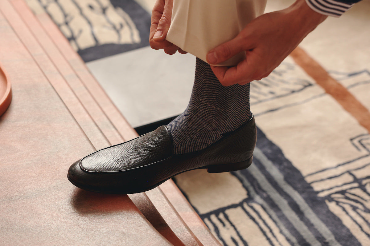 Black hatch grain Belgian loafer lifestyle styled shot