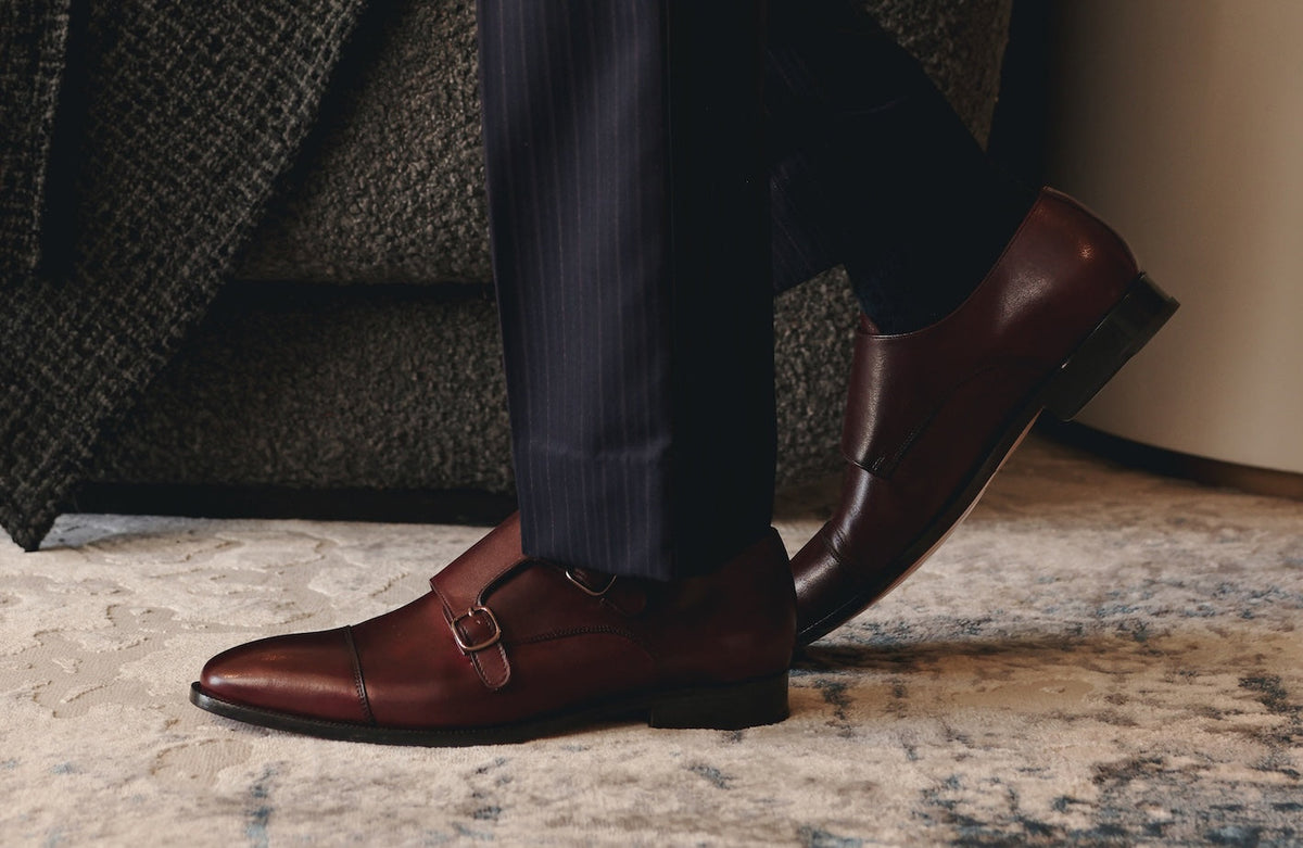 Dark burgundy toecap double monkstrap lifestyle styled shot