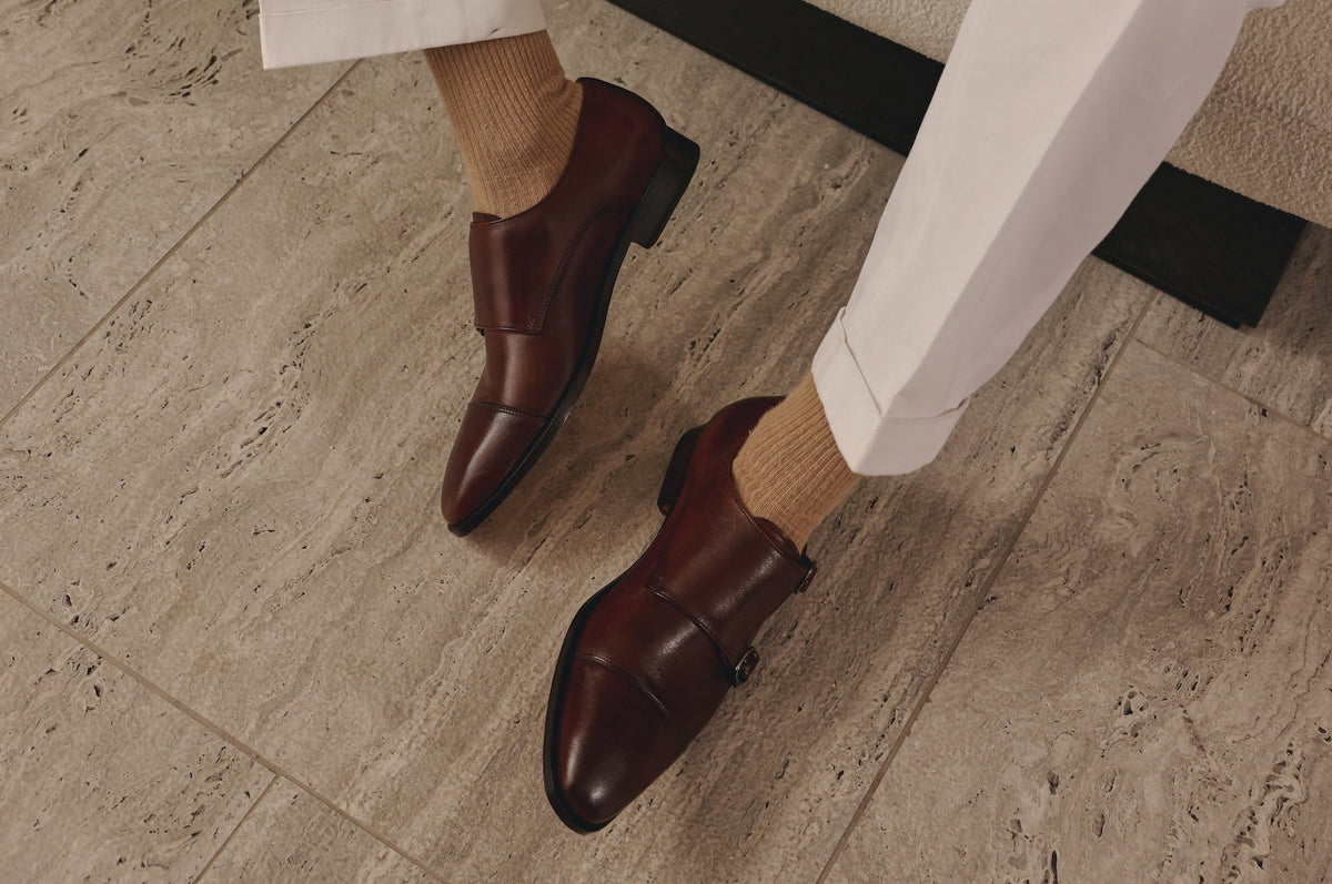 Tobacco toecap double monkstrap lifestyle styled shot