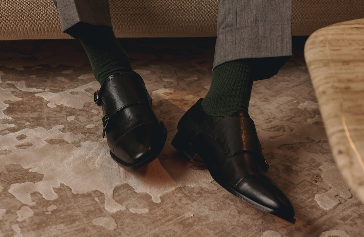 Black toecap double monkstrap lifestyle styled shot