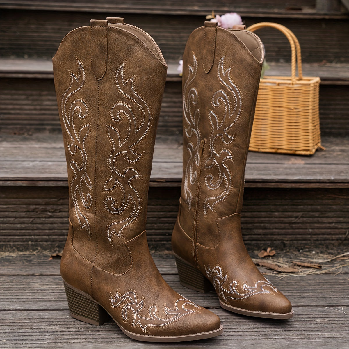 Jenny Women's Knee-High Faux Leather Block Heel Cowboy Boots, side view