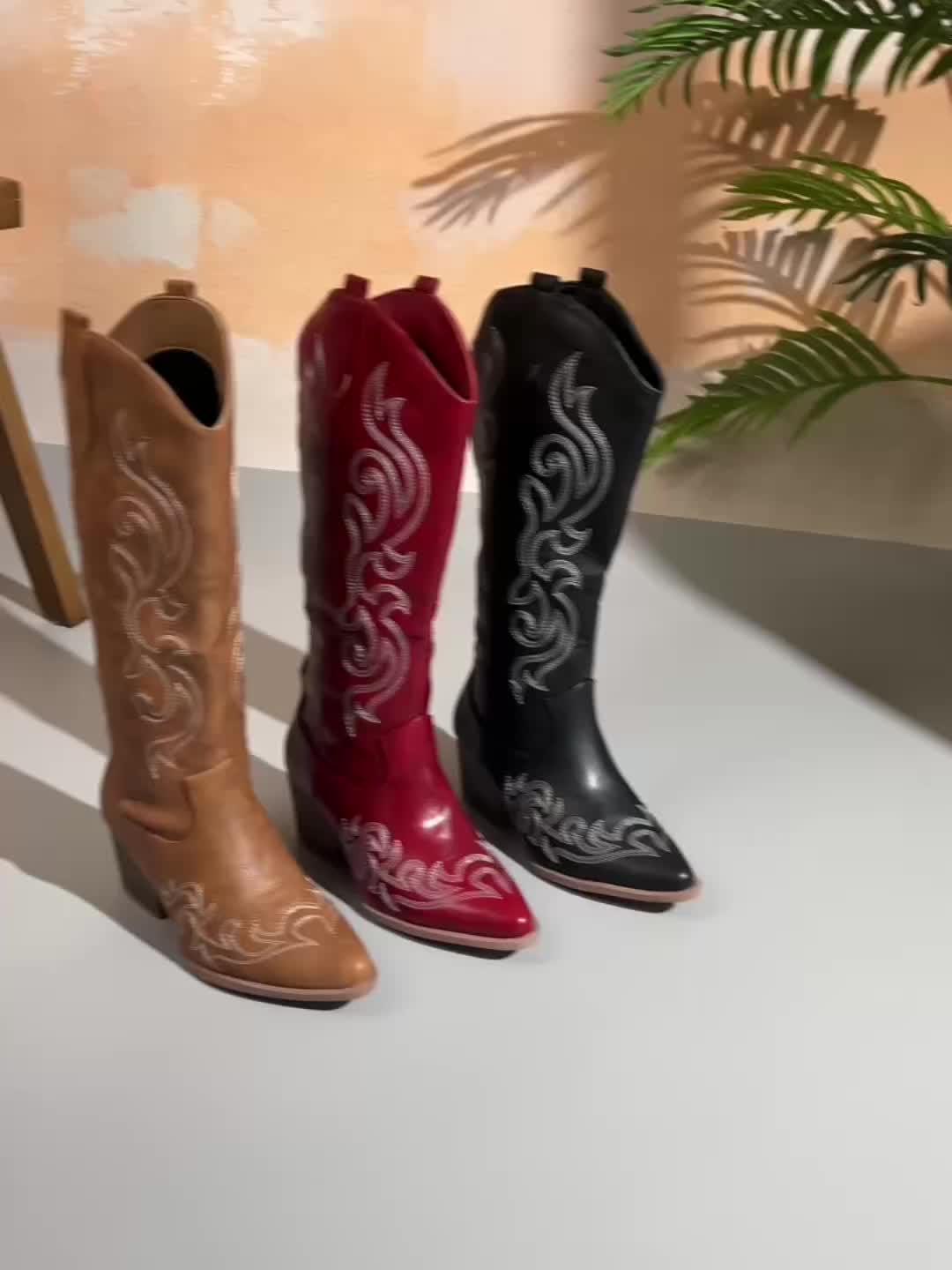 Jenny Women's Knee-High Faux Leather Block Heel Cowboy Boots, styled outfit