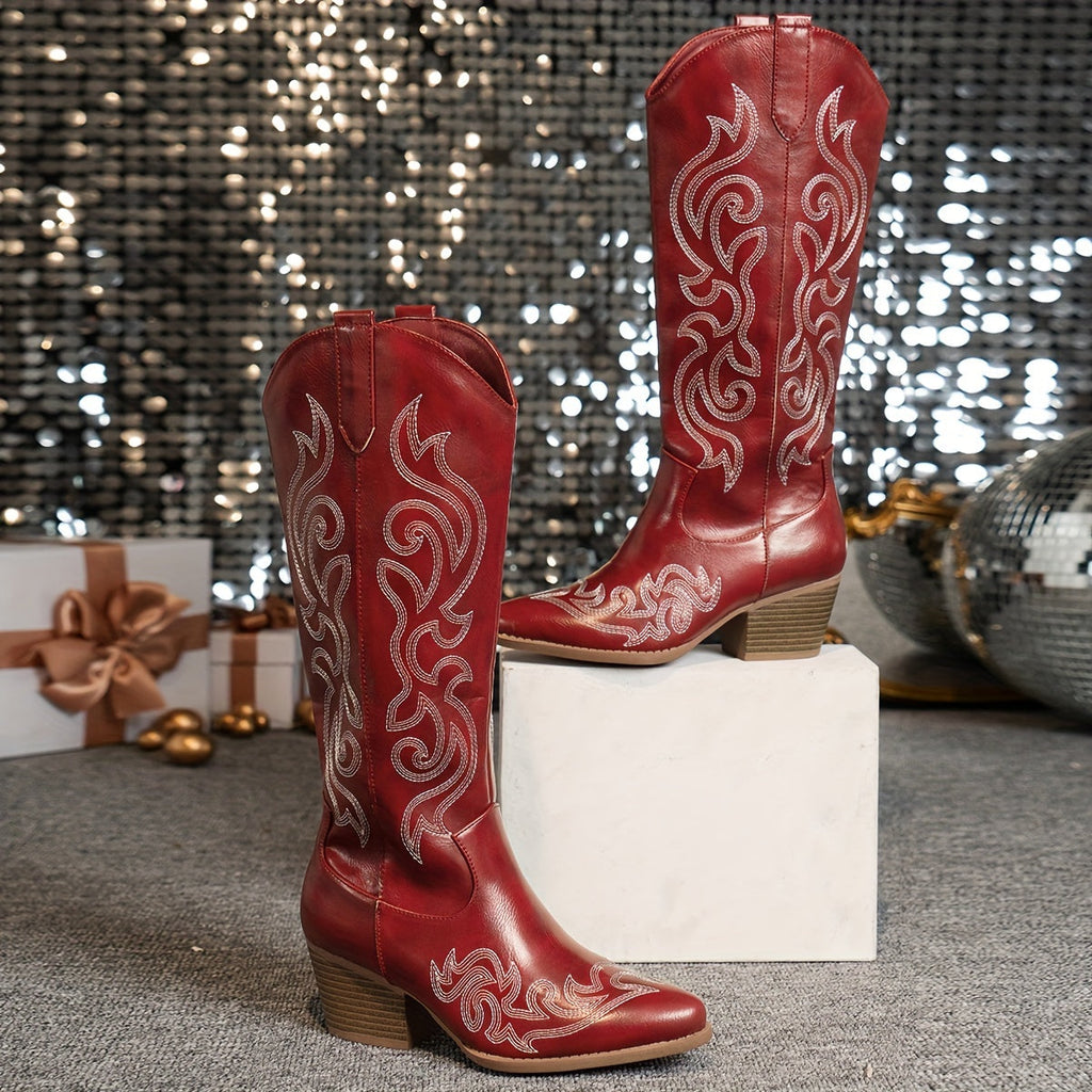 Jenny Women's Knee-High Faux Leather Block Heel Cowboy Boots, close-up detail
