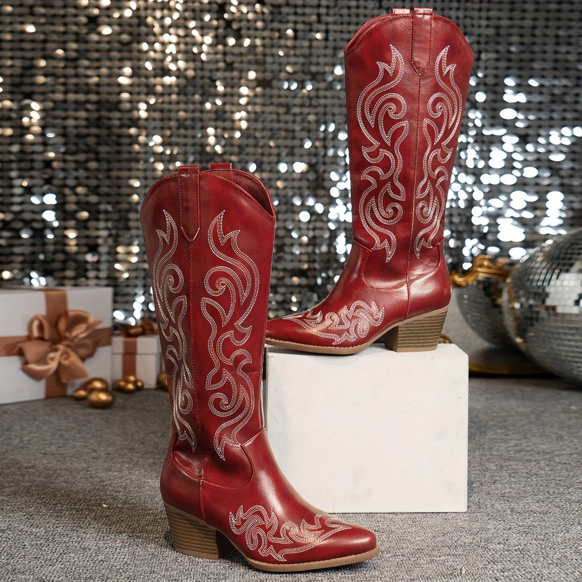 Jenny Women's Knee-High Faux Leather Block Heel Cowboy Boots, close-up detail