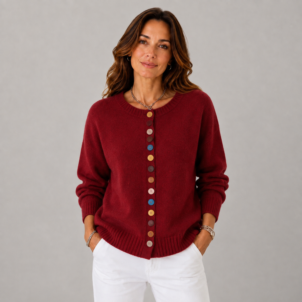Vicky Women's Button Detail Crew Neck Cardigan, front view