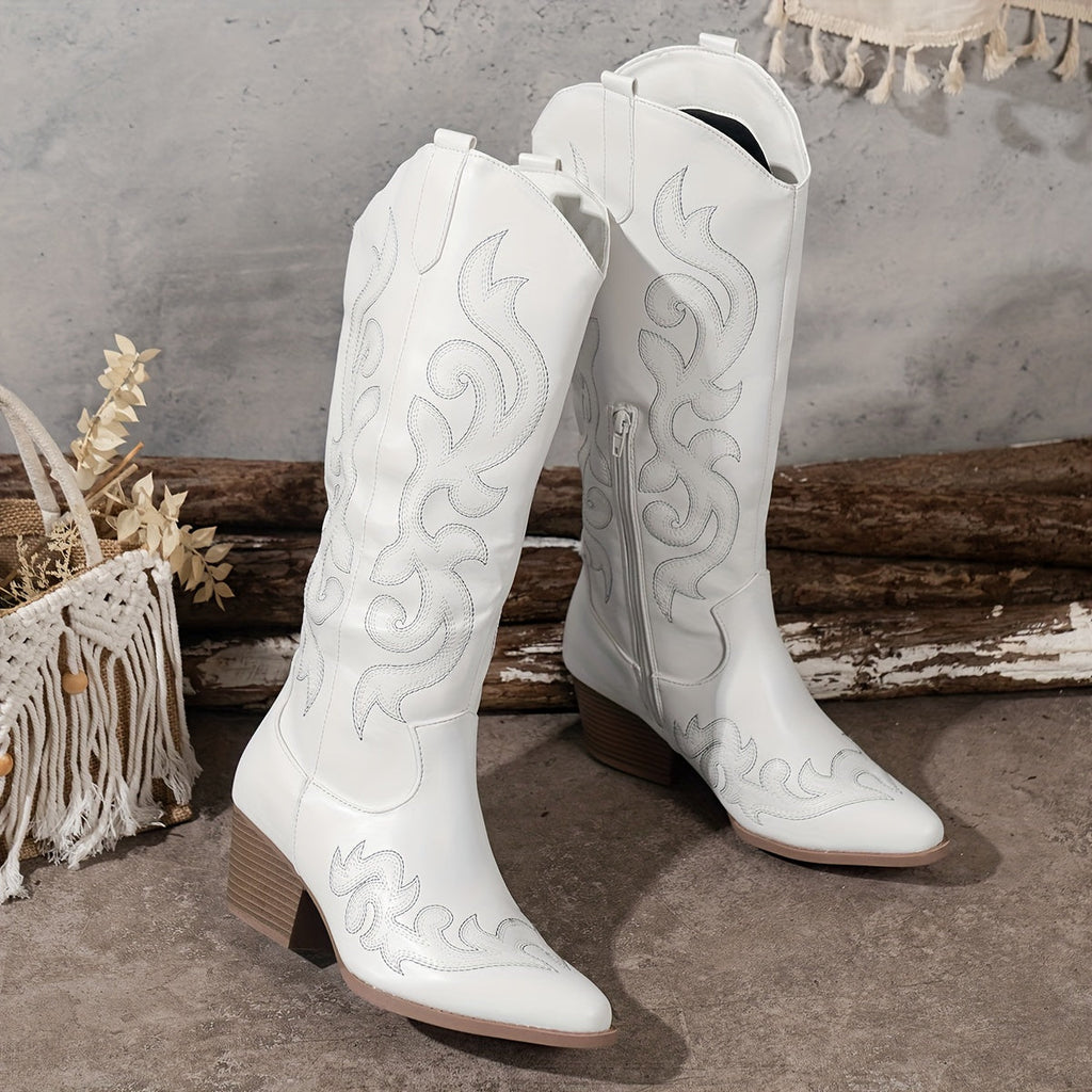 Jenny Women's Knee-High Faux Leather Block Heel Cowboy Boots, back view