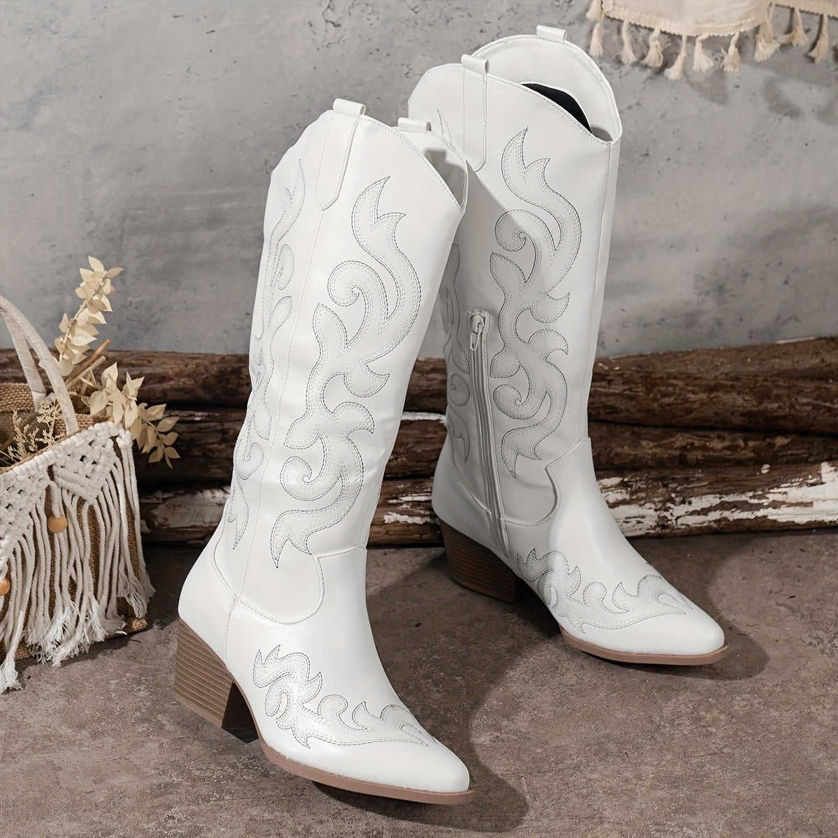 Jenny Women's Knee-High Faux Leather Block Heel Cowboy Boots, back view