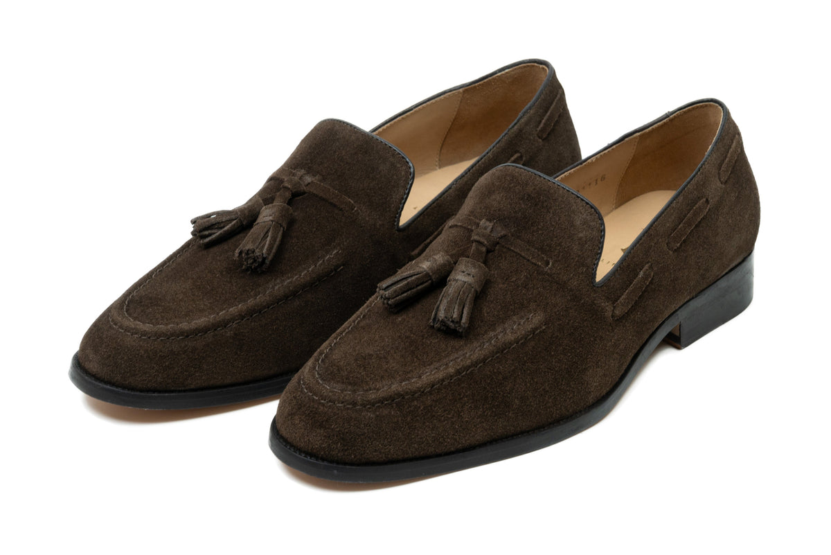 Tassel Loafers Dark Brown Suede three-quarter front view on white background