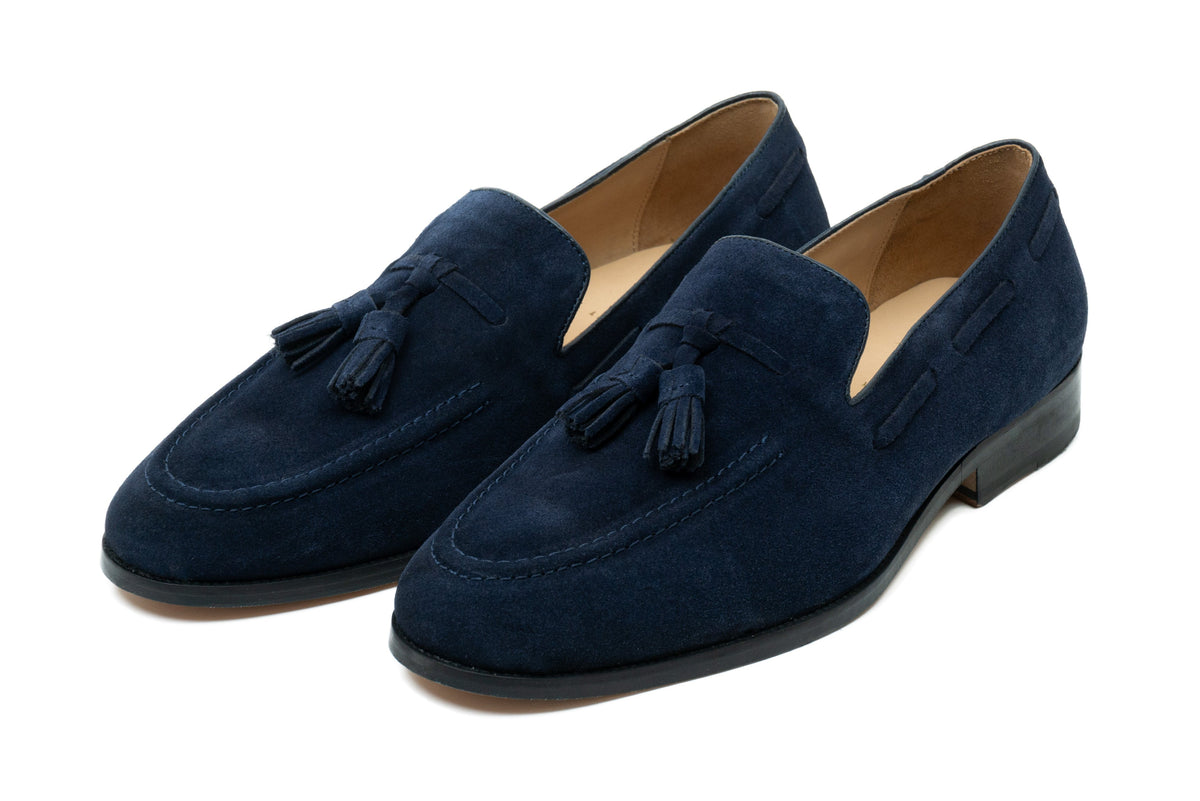 Tassel Loafers Navy Suede three-quarter front view on white background