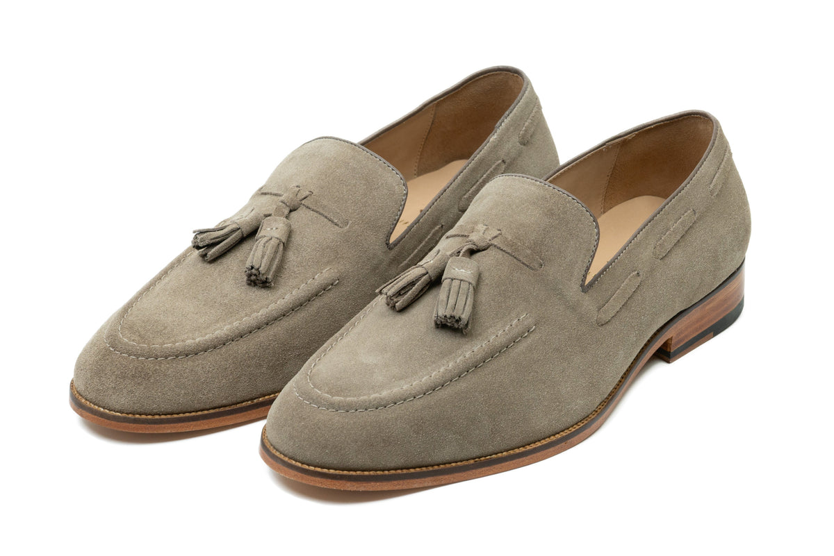 Tassel Loafers Taupe Suede three-quarter front view on white background