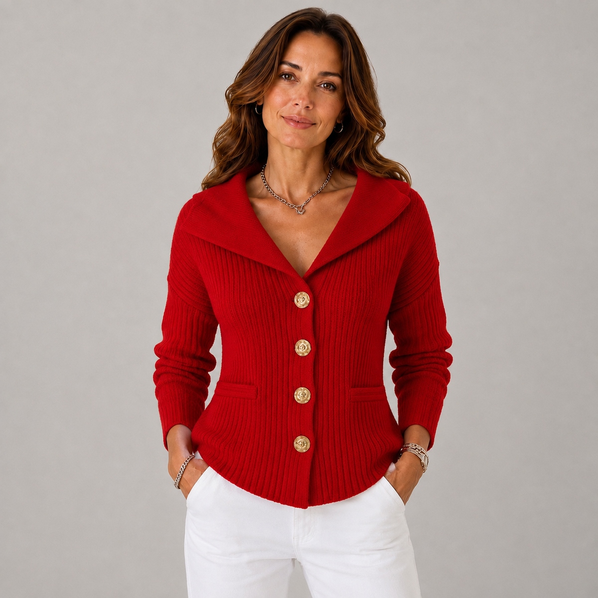 Joana Women's Off Shoulder Ribbed Knit Cardigan, front view