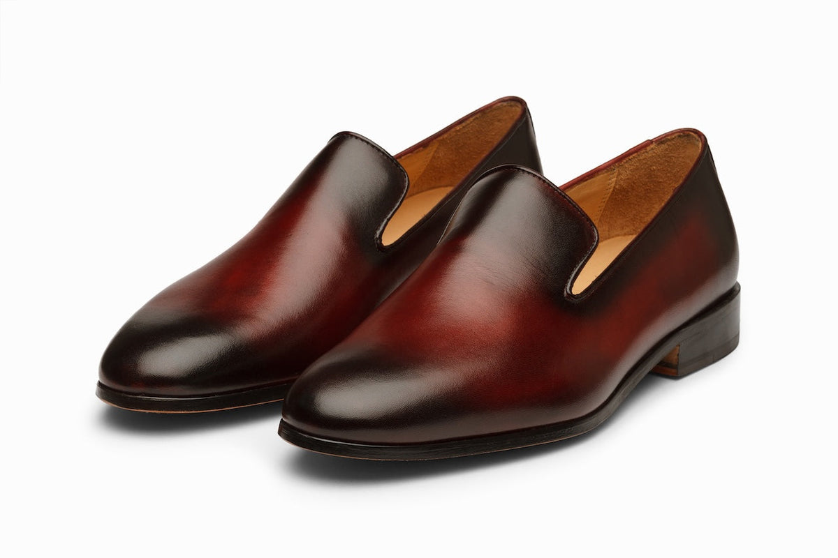 Oxblood Patina Venetian Loafer three-quarter front view on white background