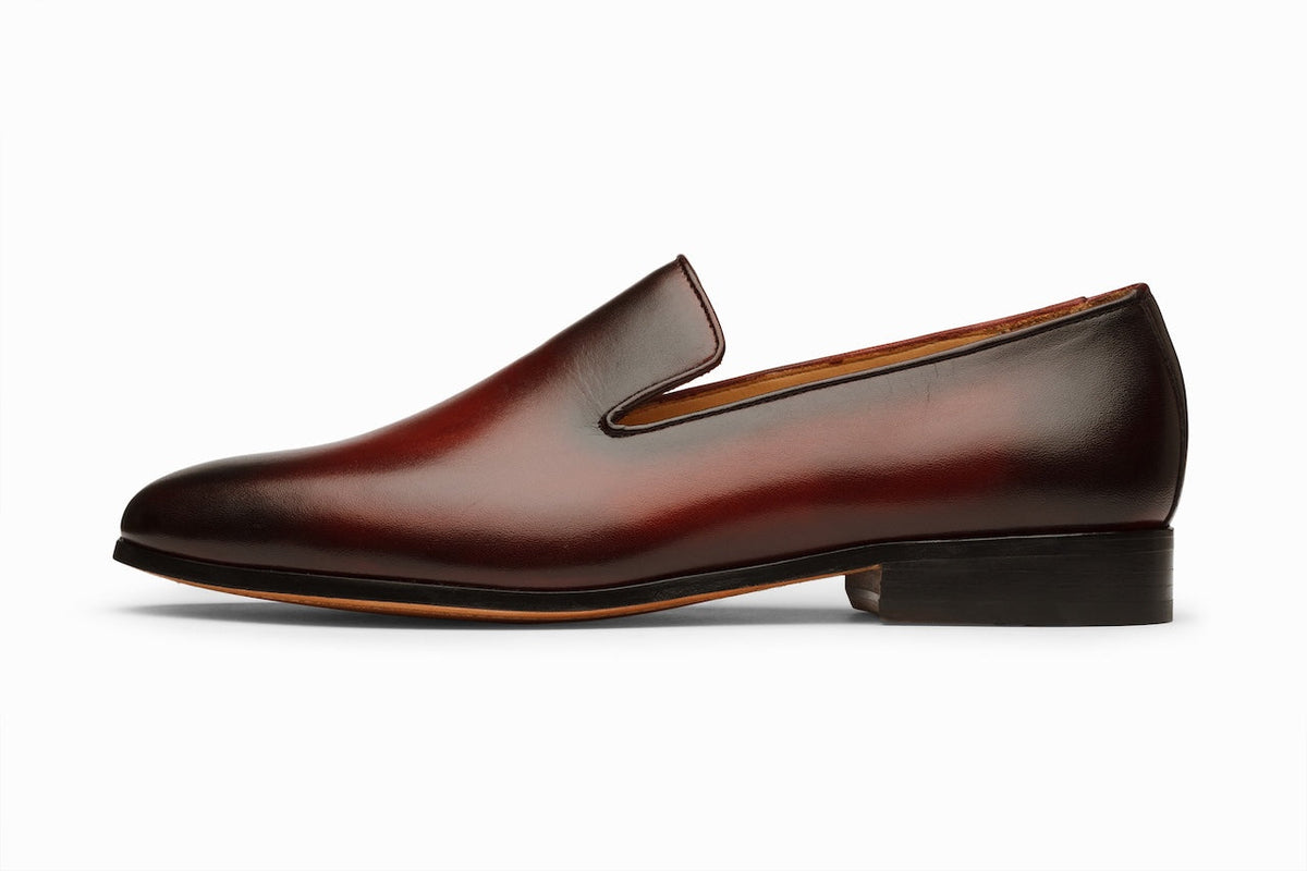 Oxblood Patina Venetian loafer close-up unique colour gradient detail