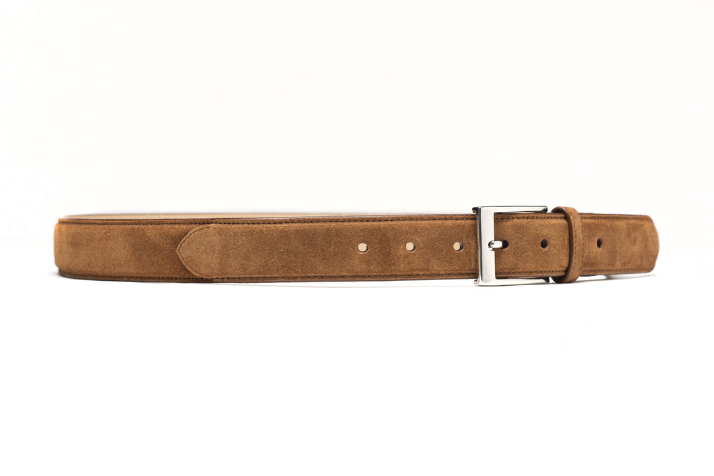 Tobacco suede flat belt close-up buckle and hole punching detail
