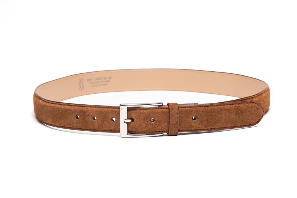 Tobacco suede flat belt front view showing soft even suede nap and buckle