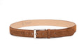 Tobacco suede flat belt front view showing soft even suede nap and buckle