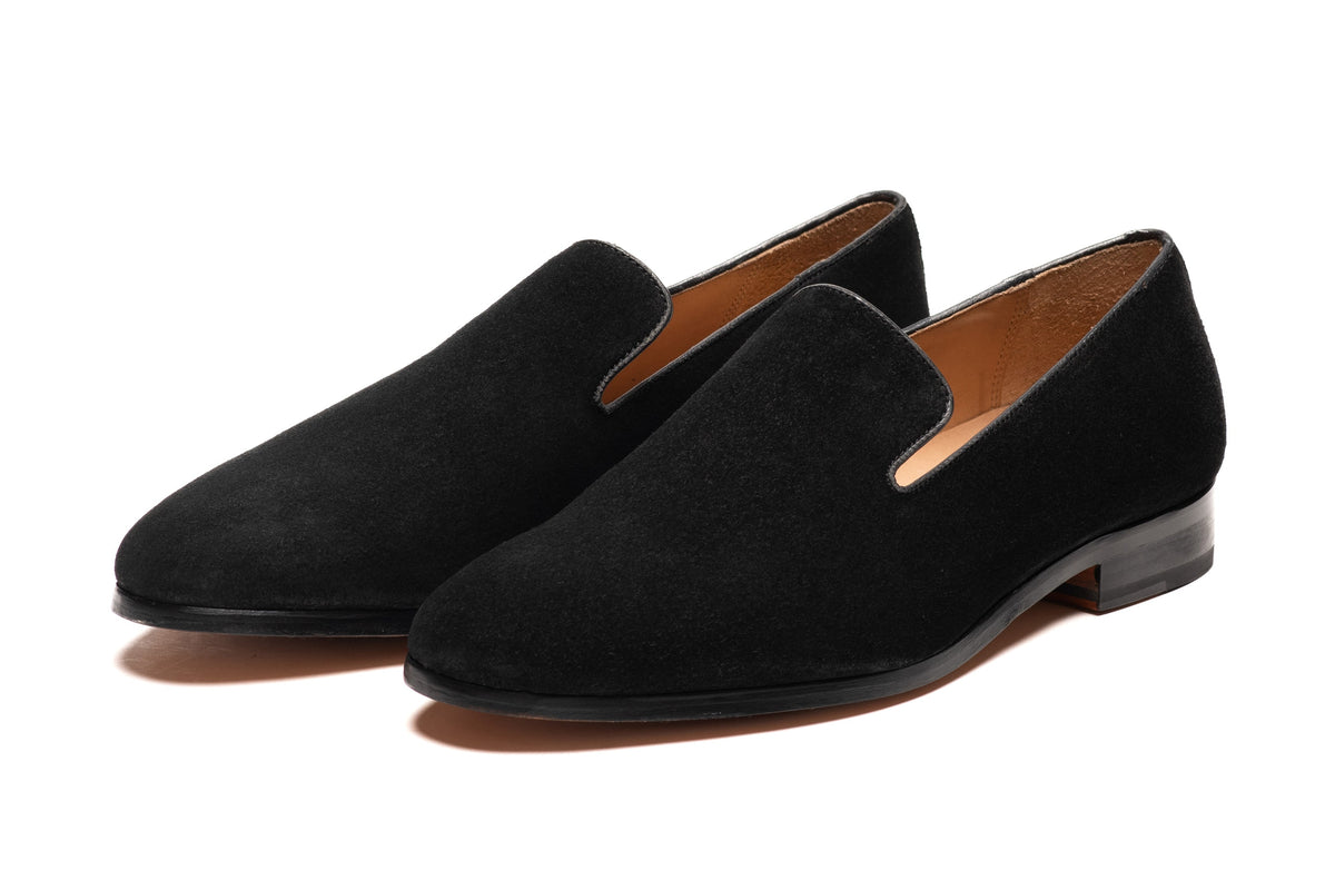 Venetian Loafer Black Suede three-quarter front view on white background