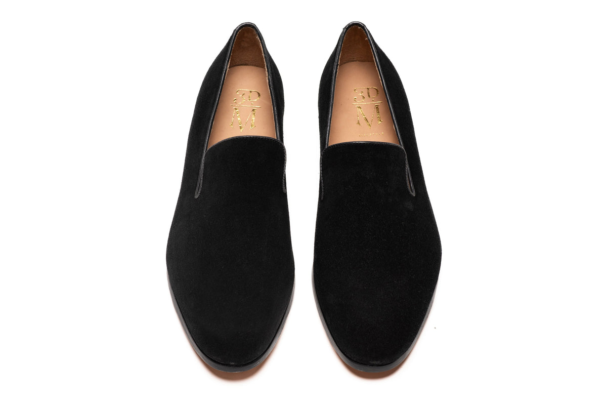 Black suede Venetian loafer lifestyle styled shot