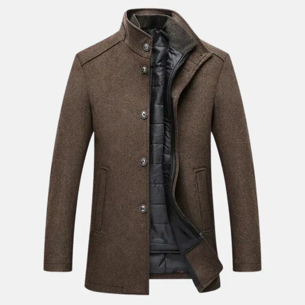 Vincent Men's Winter Stand Collar Design Button Front Closure Coat, front view