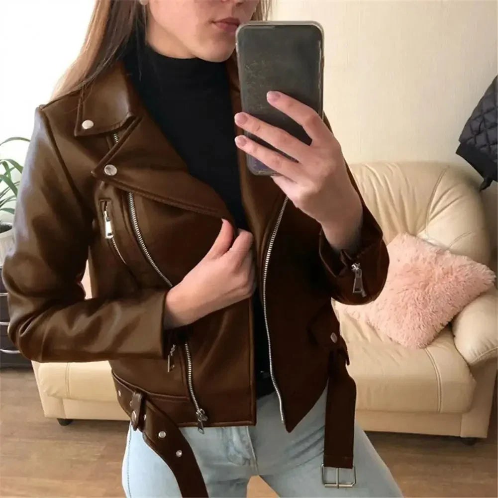 Sarah Women's Cropped Faux Leather Moto Jacket, front view