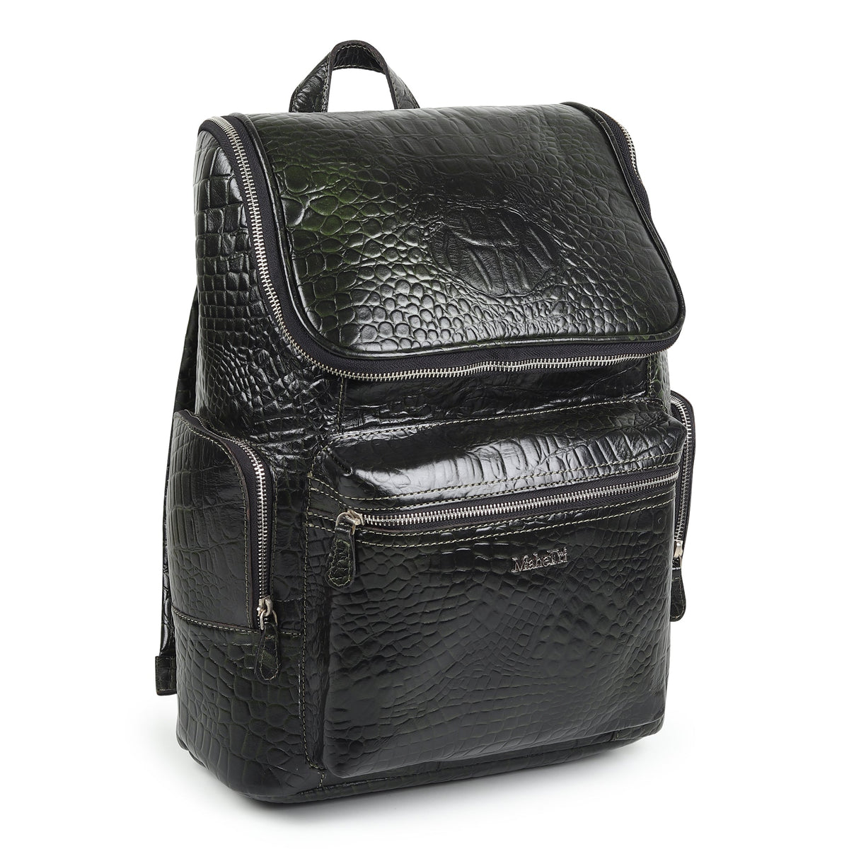 Regal Crocodile Texture Leather Backpack, Dark Green