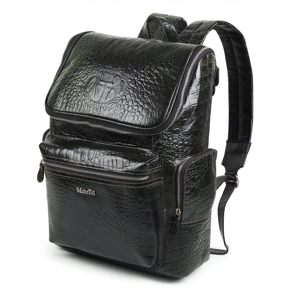 Regal Crocodile Texture Leather Backpack, Dark Green