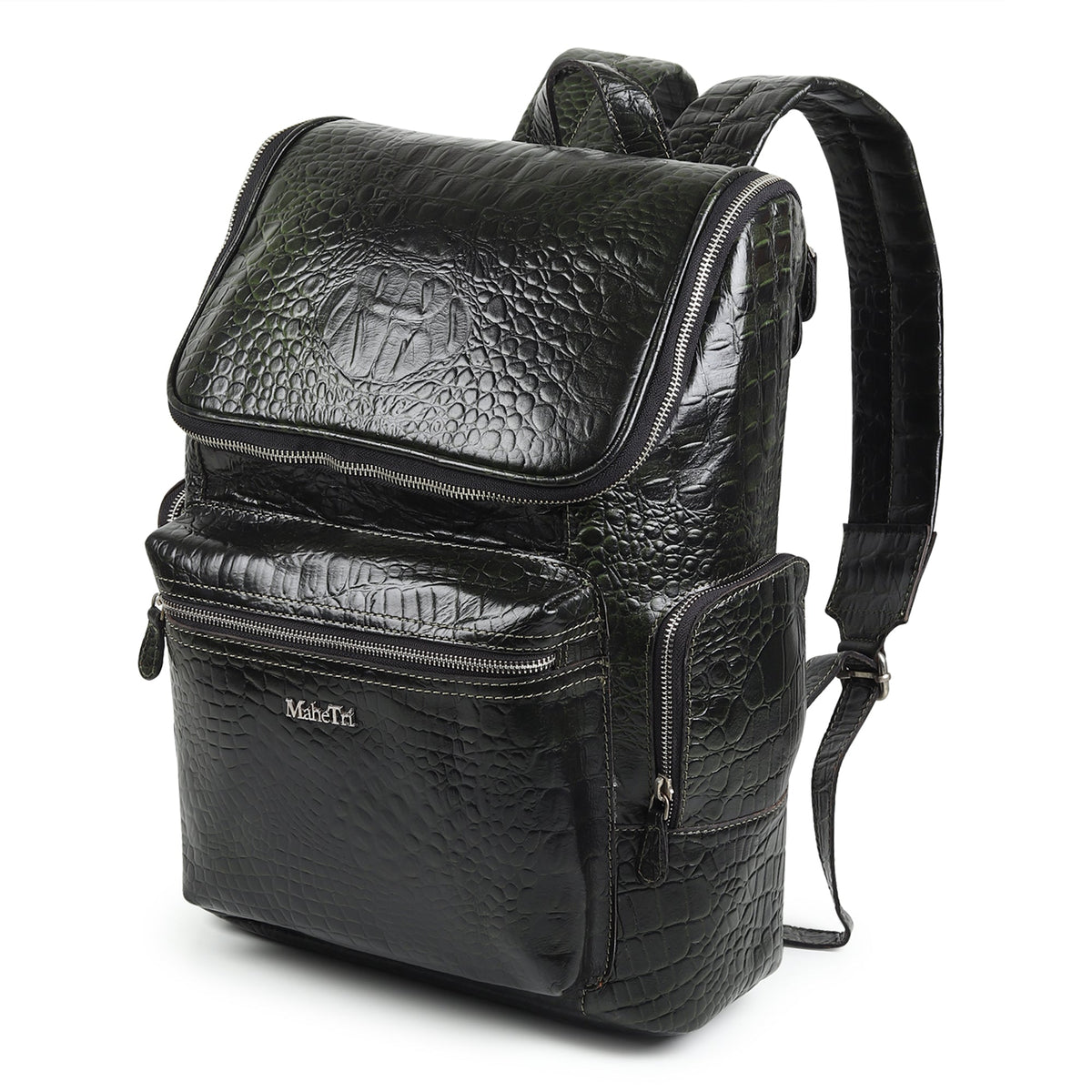 Regal Crocodile Texture Leather Backpack, Dark Green