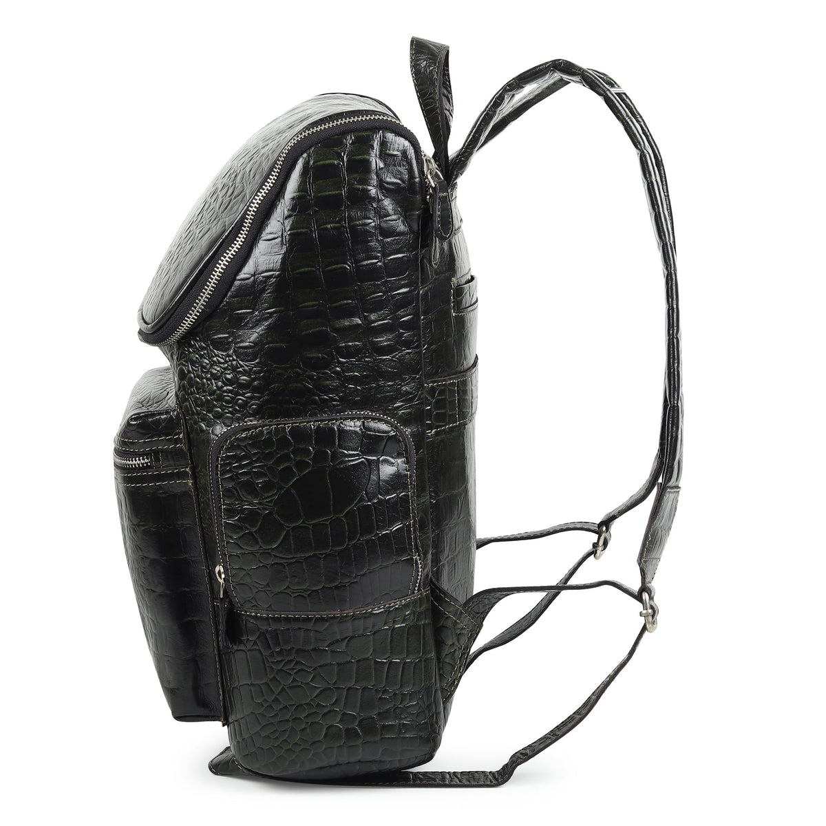 Regal Crocodile Texture Leather Backpack, Dark Green
