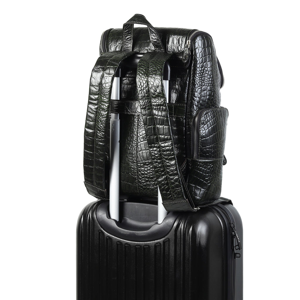 Regal Crocodile Texture Leather Backpack, Dark Green