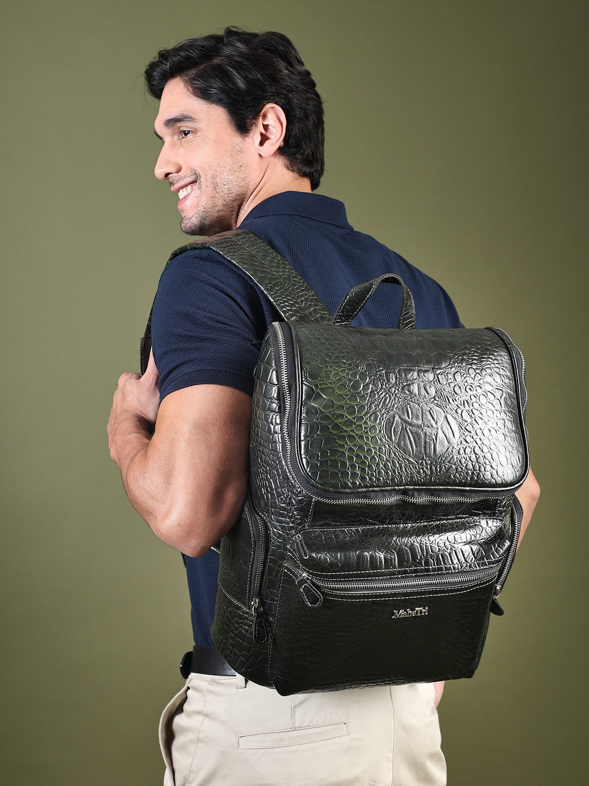 Regal Crocodile Texture Leather Backpack, Dark Green