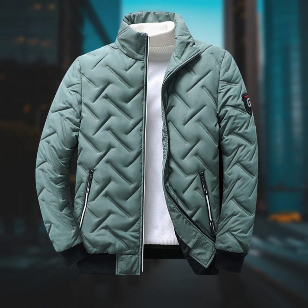 Theo Men's Quilted Stand Collar Design Full Zip Front Puffer Jacket, front view