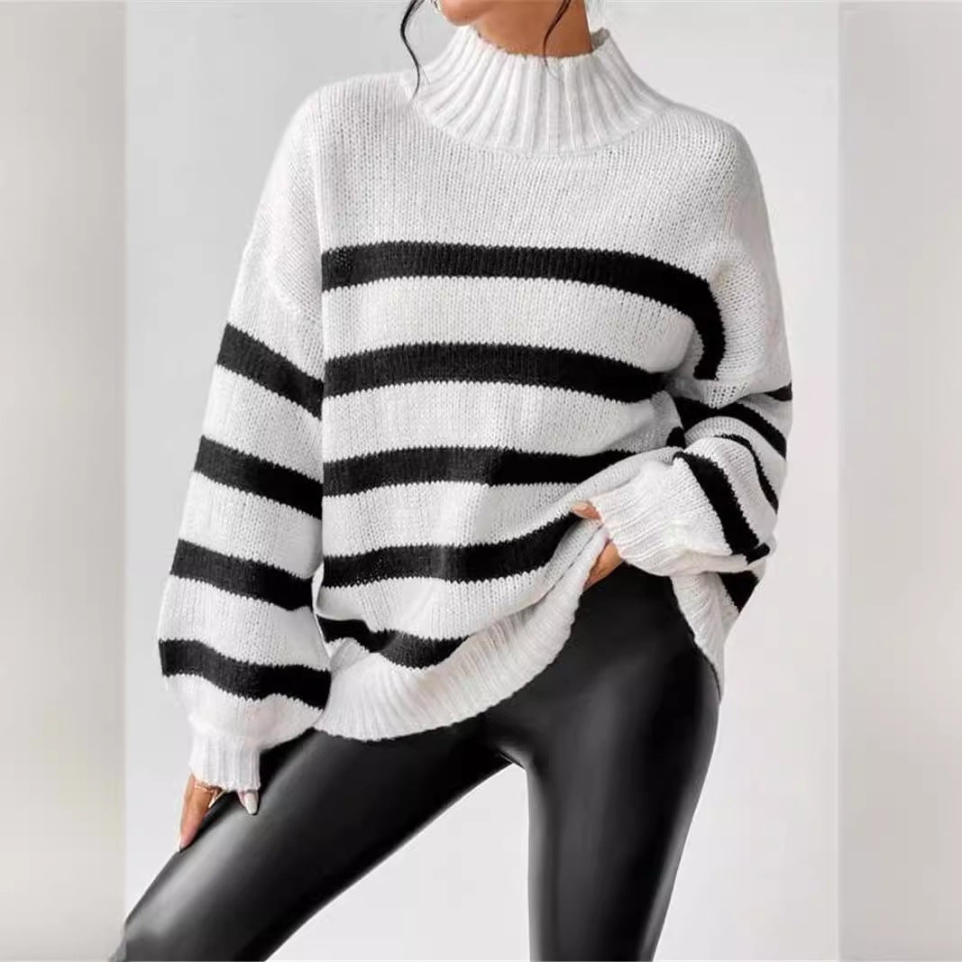 Laguna Women's Winter Ribbed Collar Striped Turtleneck Sweater, front view