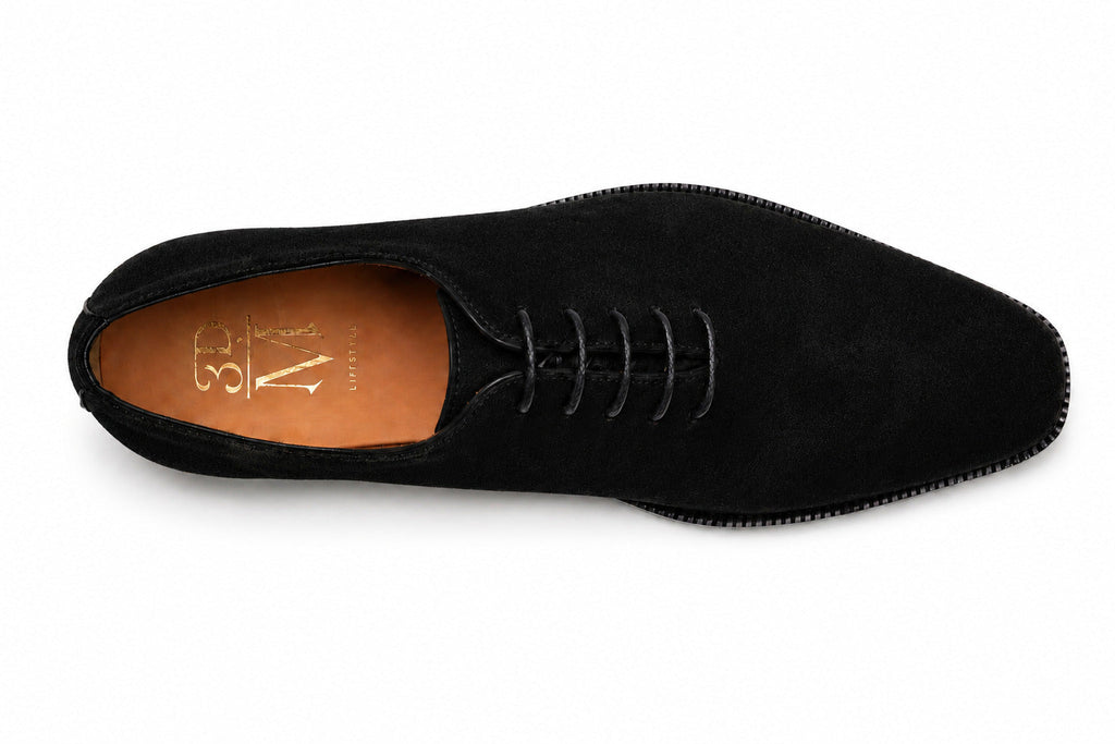 Wholecut Oxford in Black Suede, close-up of suede texture and lacing