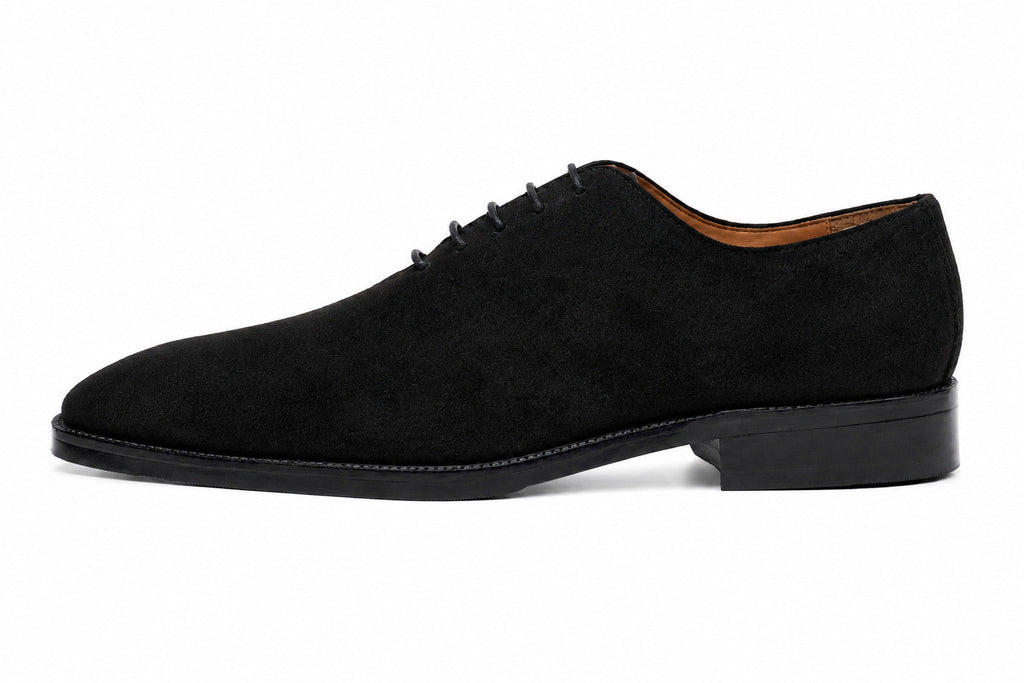 Wholecut Oxford in Black Suede, side profile showing seamless upper