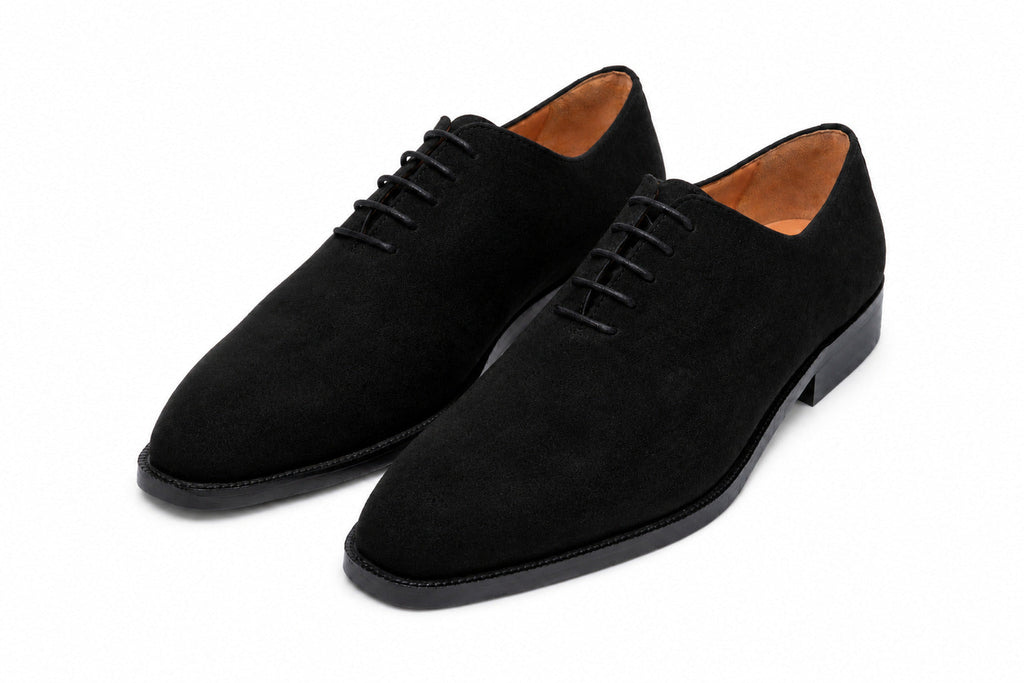 Wholecut Oxford in Black Suede, front three-quarter view