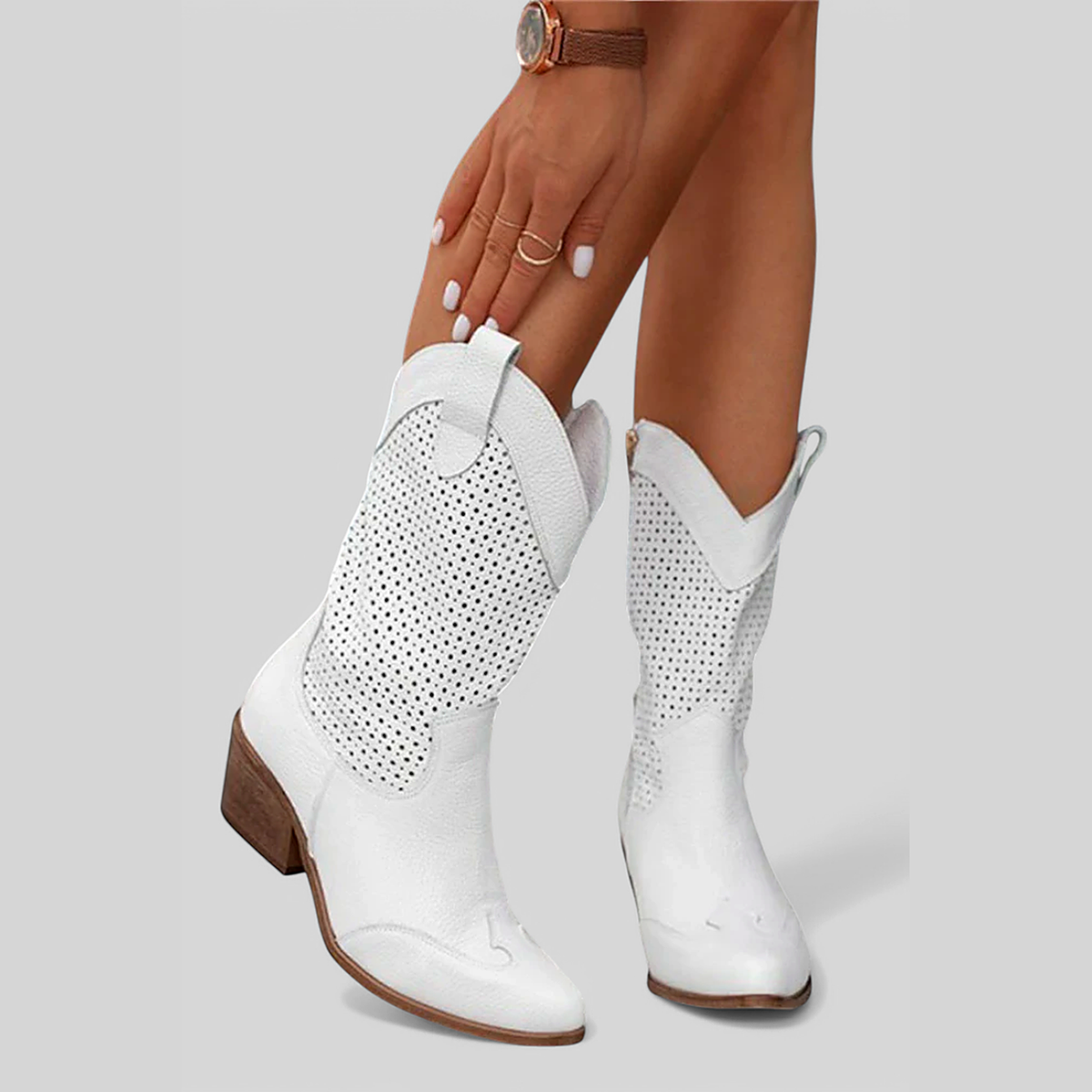 Women's Western Faux Leather Cowboy Boots Block Heel, front view