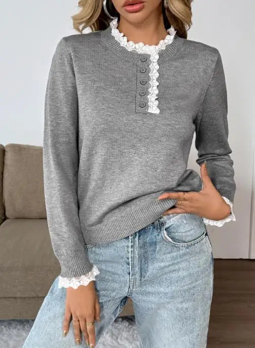 Layla Women's Lace-Trim Ribbed-Cuff Button-Detail Knit Sweater, front view