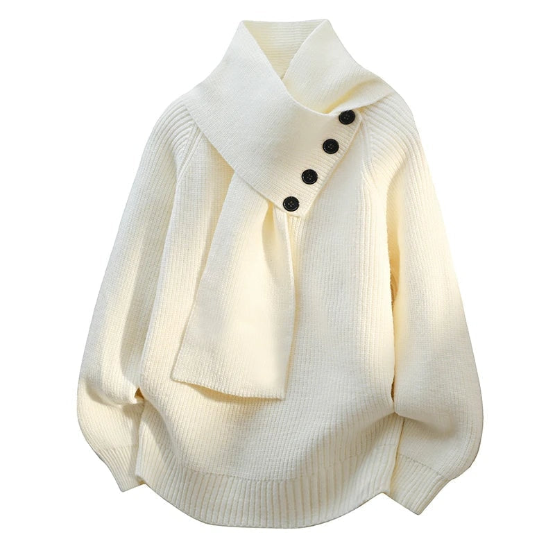Josephine Women's Asymmetric High Neck Button Details Ribbed Knit Sweater, front view