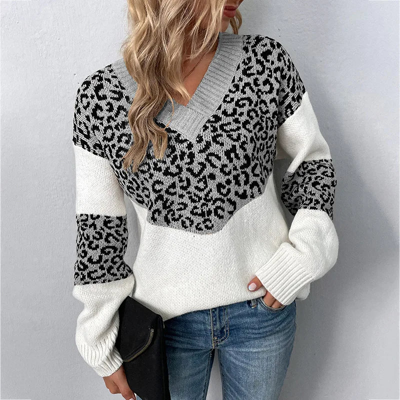 Sara Women's V-Neck Leopard Print Soft Knit Sweater, front view