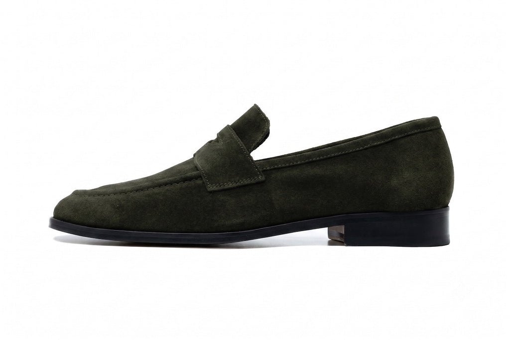 Soft Penny Loafers Green Suede front pair view on white background
