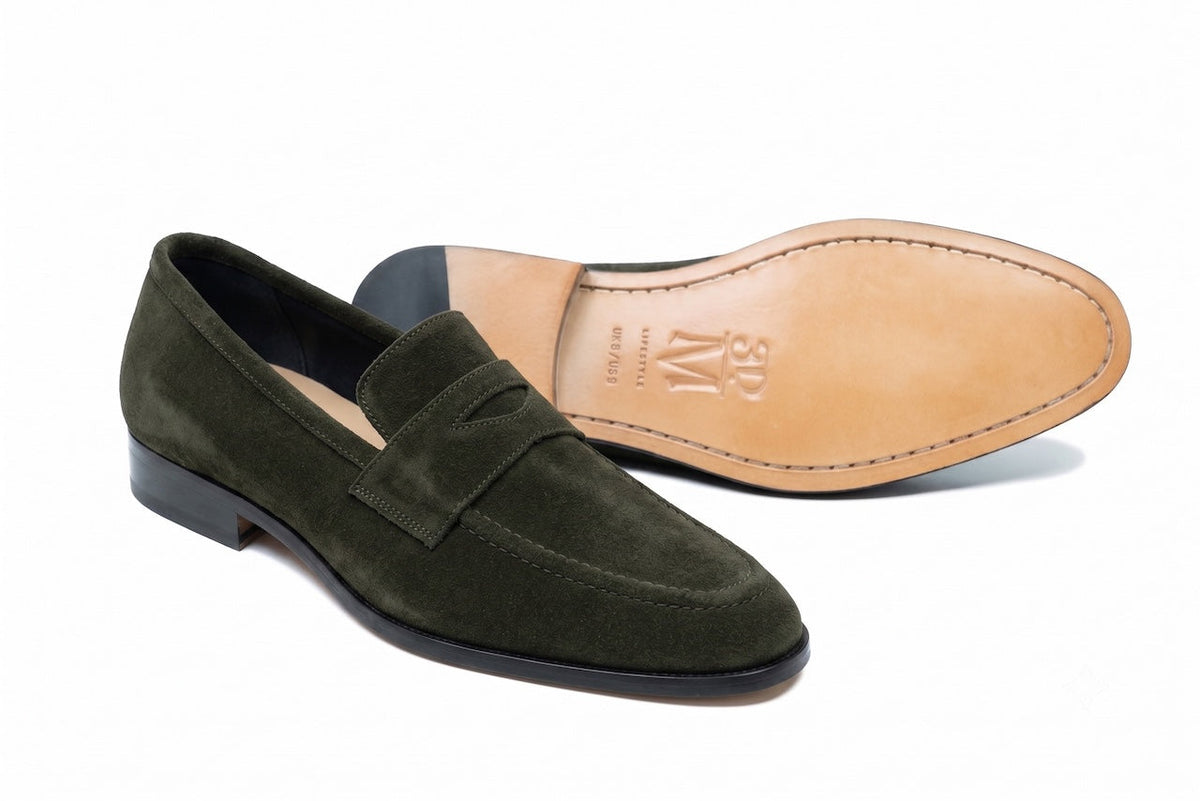 Soft Penny Loafers Green Suede side profile view on white background