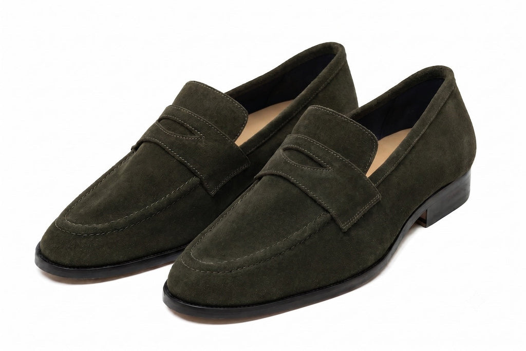 Soft Penny Loafers Green Suede three-quarter front view on white background