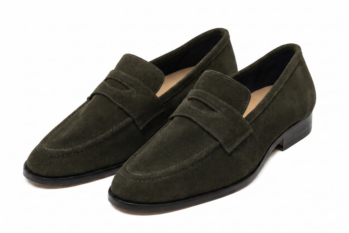 Soft Penny Loafers Green Suede three-quarter front view on white background